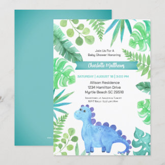 Watercolor Blue Dinosaur Boys Baby Shower Invitation