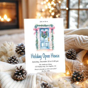 Watercolor Blue Door Holiday Open House Christmas Invitation