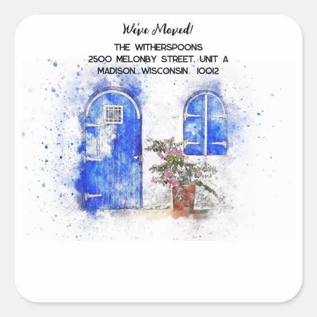 Watercolor Blue Door We;ve Moved Envelope Seal  (Front)