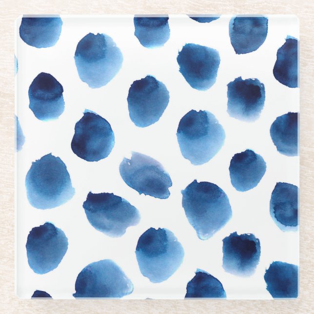 Watercolor Blue Dots: Hand Painted Seamless Glass Coaster (Front)