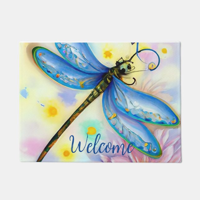 Watercolor Blue Dragonfly, Personalise Doormat (Front)
