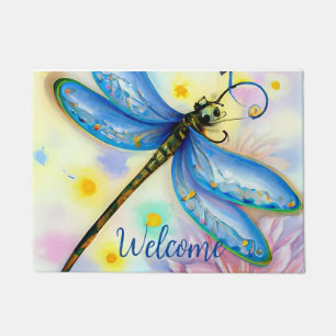 Watercolor Blue Dragonfly, Personalize Doormat