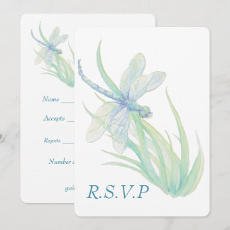 Watercolor Blue Dragonfly Wedding  RSVP Invitation