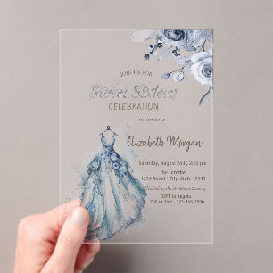 Watercolor Blue Dress Blue Roses Sweet 16 Acrylic Invitations
