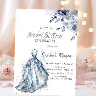 Watercolor Blue Dress Blue Roses Sweet 16 Invitation