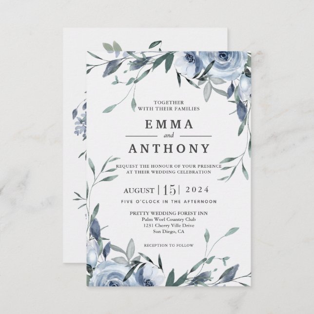 Watercolor Blue Elegant Floral Wedding Invitation (Front/Back)