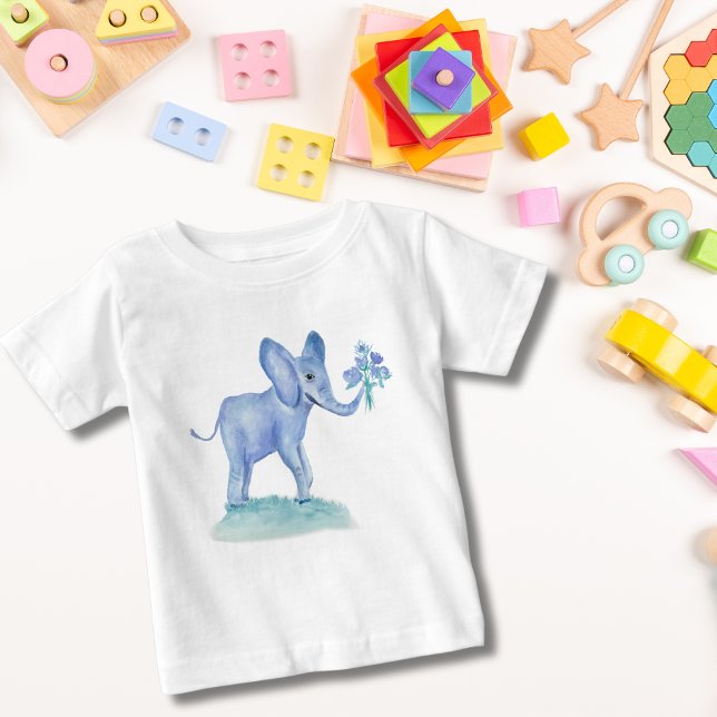 Watercolor Blue Elephant With Flowers Baby T-Shirt (Creator Uploaded)