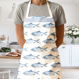 Watercolor Blue Fish Coastal Apron