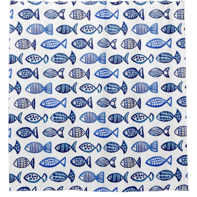 Watercolor blue fish. Sea animal art. Nautical Shower Curtain (Front)