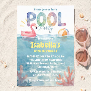 Watercolor Blue Flamingo Float Kids Pool Party  Invitation