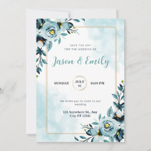 Watercolor blue flora elegant wedding invitation