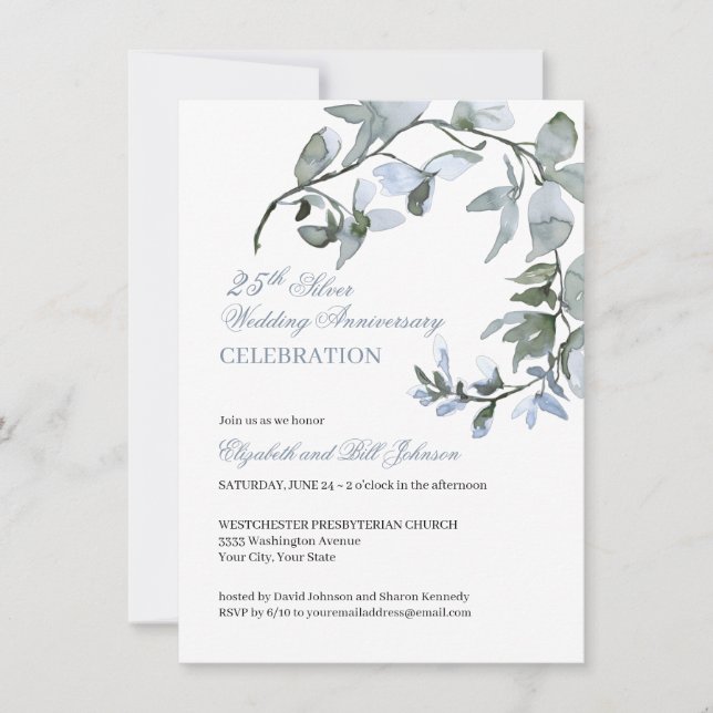  Watercolor Blue Floral 25th Wedding Anniversary Invitation (Front)