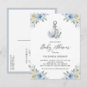 Watercolor Blue Floral Anchor Nautical Baby Shower Invitation Postcard