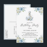 Watercolor Blue Floral Anchor Nautical Birthday Invitation Postcard<br><div class="desc">Invite guests in style with a customizable birthday invitation postcard featuring a soft watercolor floral anchor design. With light white and blue flowers, this design creates a calm nautical feel that’s perfect for beach or coastal themes. Personalize with all your event details to match your celebration. Printed on high-quality cardstock,...</div>