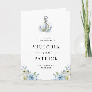 Watercolor Blue Floral Anchor Nautical Wedding Programme
