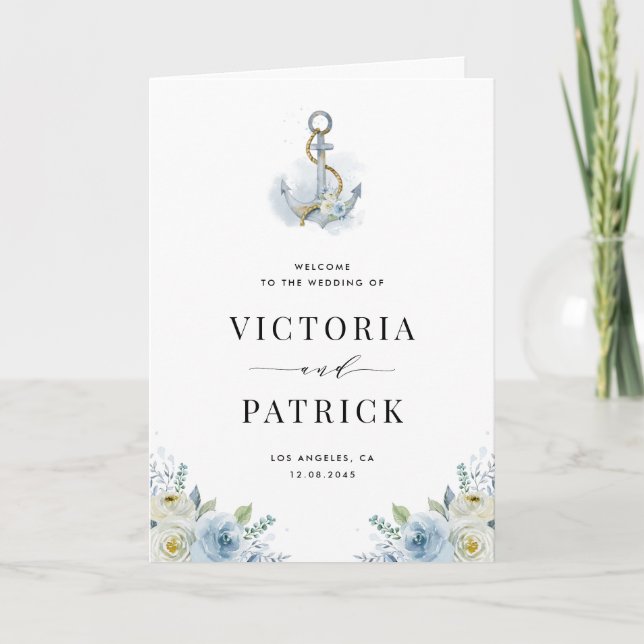 Watercolor Blue Floral Anchor Nautical Wedding Programme (Front)