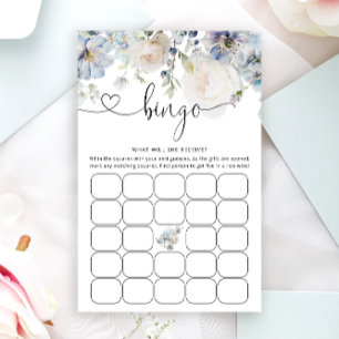 Watercolor Blue Floral Baby Bingo Game Card