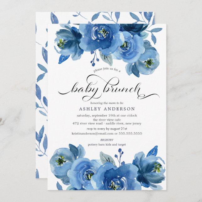 Watercolor Blue Floral Baby Brunch Invitation (Front/Back)