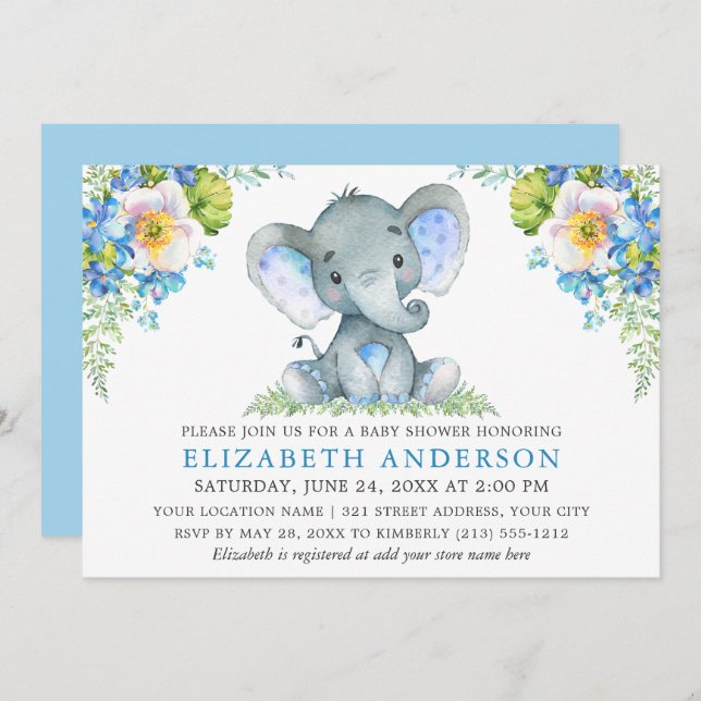 Watercolor Blue Floral Baby Shower Elephant Invitation (Front/Back)