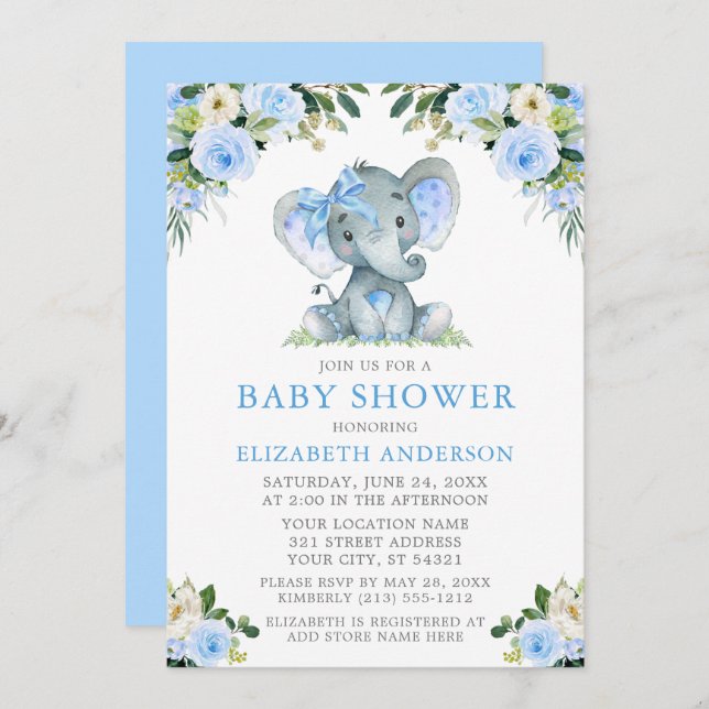 Watercolor Blue Floral Baby Shower Elephant Silver Invitation (Front/Back)