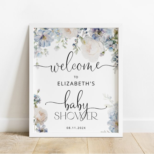 Watercolor Blue Floral Baby Shower Welcome Poster (Creator Uploaded)