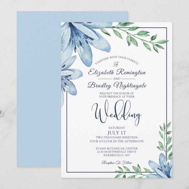 Watercolor Blue Floral Bloom & Greenery Wedding Invitation (Front/Back)