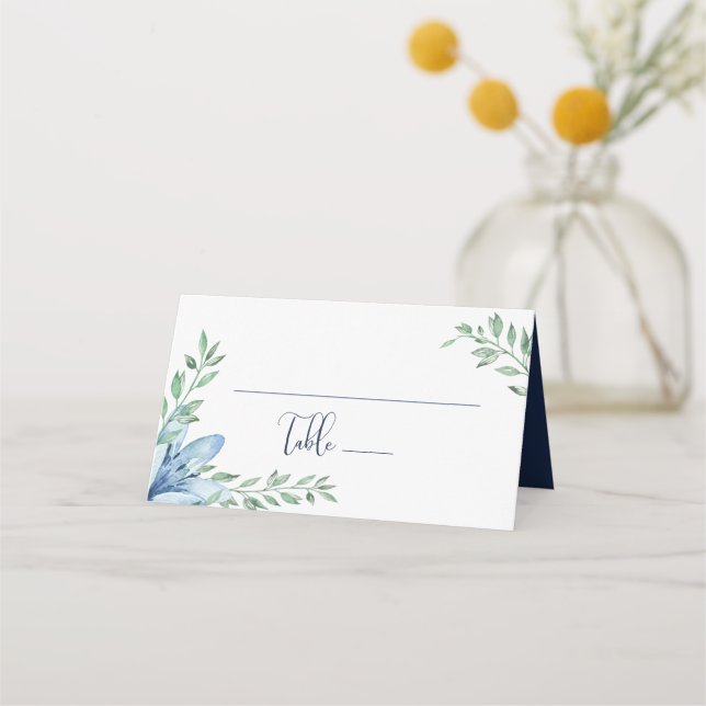 Watercolor Blue Floral Blooms Wedding Table Place Card (Front)