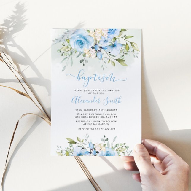 Watercolor blue floral boy baptism invitation (Creator Uploaded)