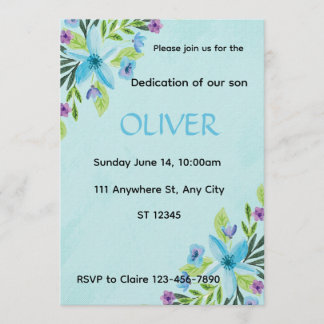 Watercolor Blue Floral Boy Dedication Invitation