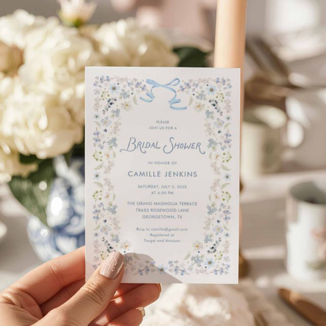 Watercolor Blue Floral Bridal Brunch Bow Invitatio Invitation (Blue Floral Bridal Shower Invitation)