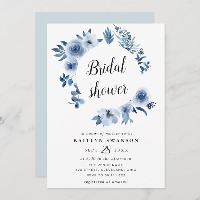 Watercolor blue floral bridal shower invitation (Front/Back)