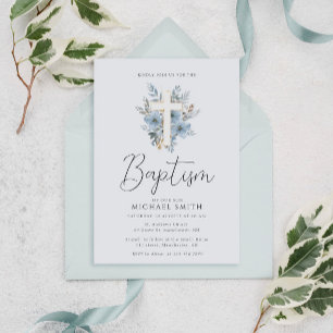 watercolor blue floral cross baptism invitation