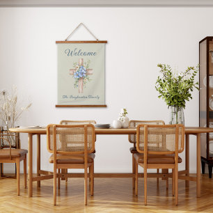 Watercolor Blue Floral Cross Personalised Hanging Tapestry