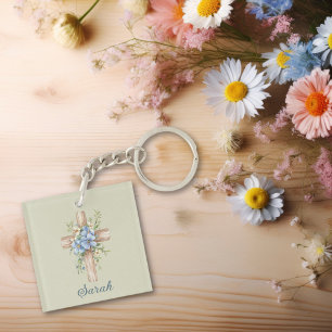 Watercolor Blue Floral Cross Personalised Key Ring