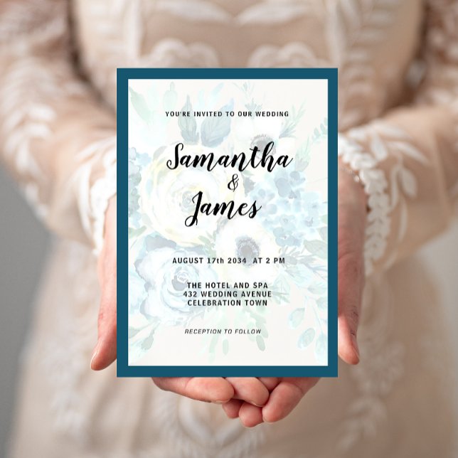 Watercolor Blue Floral Elegant Wedding Invitation (Creator Uploaded)