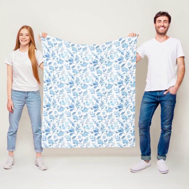 Watercolor Blue Floral Fleece Blanket (In Situ)