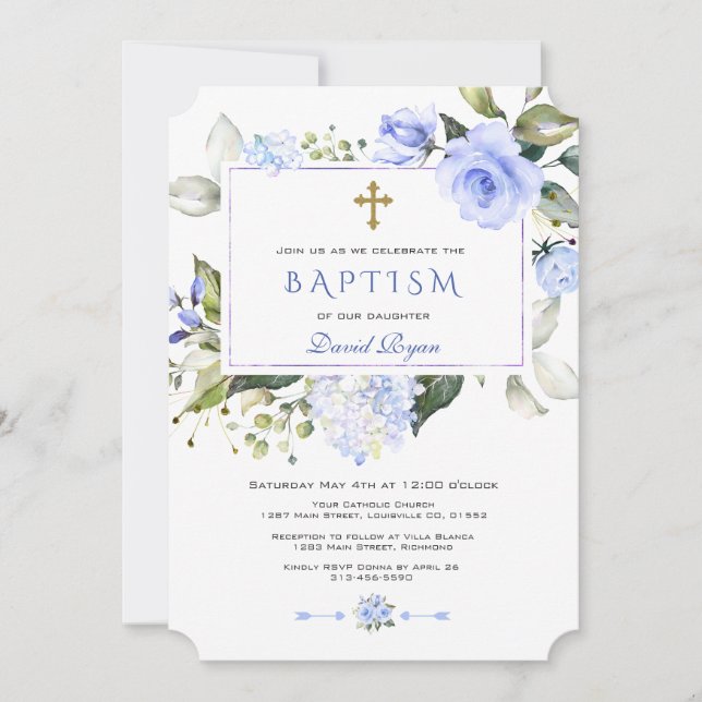 Watercolor Blue Floral Frame Cross Boy Baptism Invitation (Front)