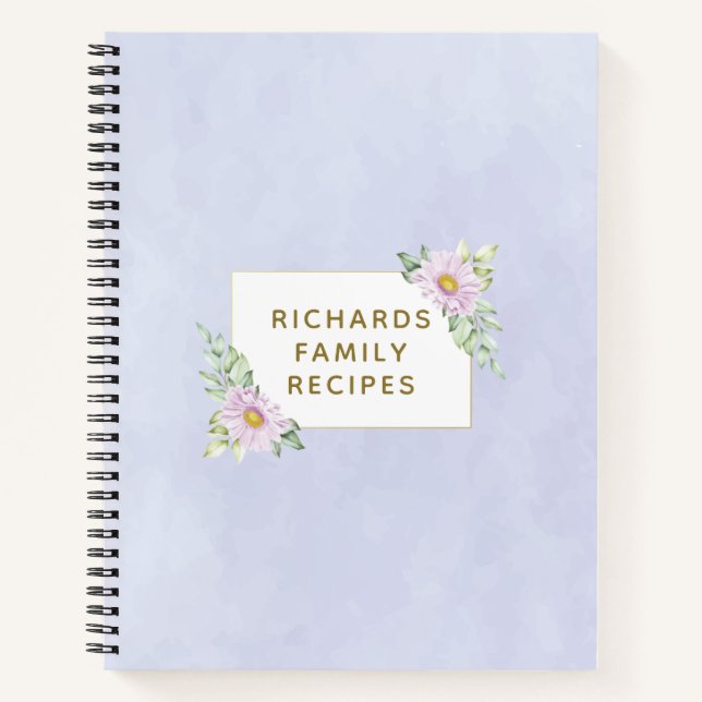 Watercolor Blue Floral Frame Family Recipe Notebook (Front)