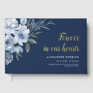 watercolor blue floral funeral gold guest book