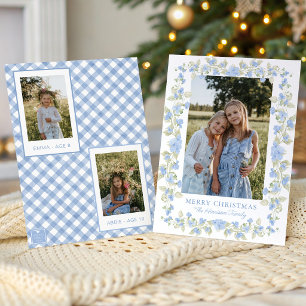 Watercolor Blue Floral Garland Christmas Photo Holiday Card