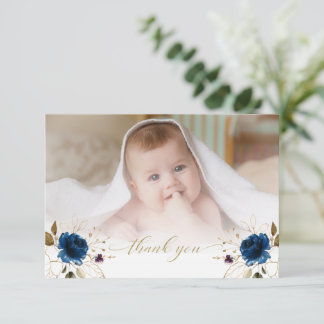 Watercolor Blue Floral Gold Boy Photo Baptism Thank You Card