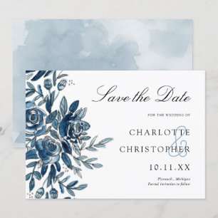 watercolor blue floral horizontal save the date invitation