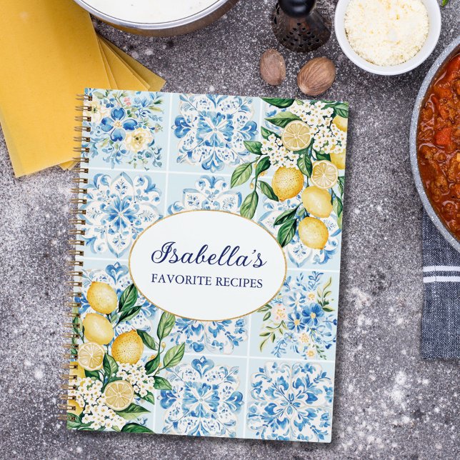 Watercolor Blue Floral Italian Tile Lemon Recipe Notebook (In situ)