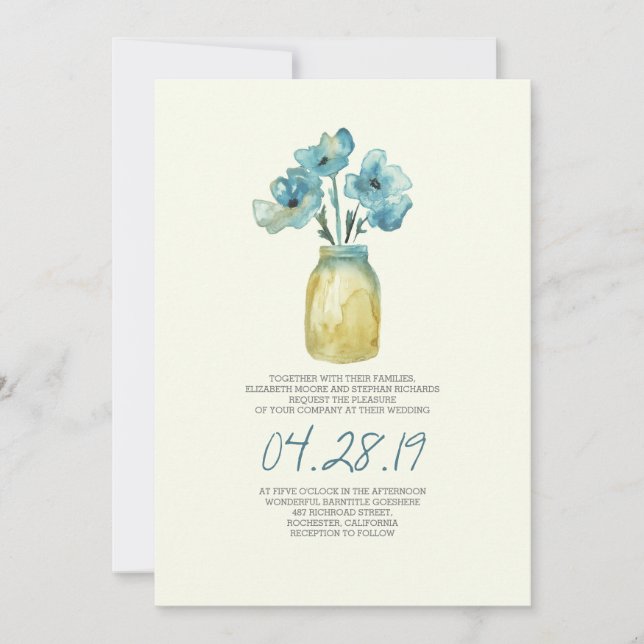 watercolor blue floral mason jar rustic wedding invitation (Front)