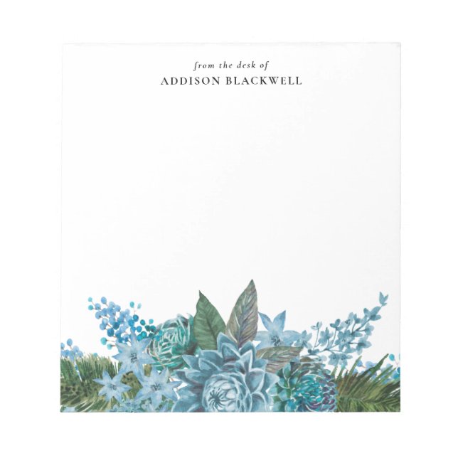 Watercolor Blue Floral Name Template Notepad (Front)