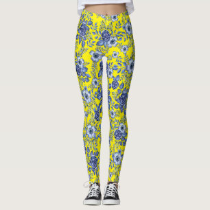 Watercolor Blue Floral pattern B Yellow BG Leggings