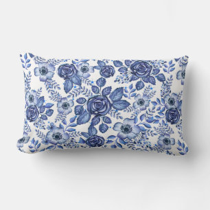 Watercolor Blue Floral pattern Lumbar Cushion