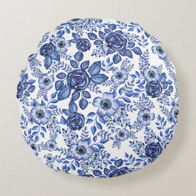 Watercolor Blue Floral pattern Round Cushion (Front)
