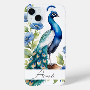 Watercolor Blue Floral Peacock Custom Text iPhone 15 Mini Case