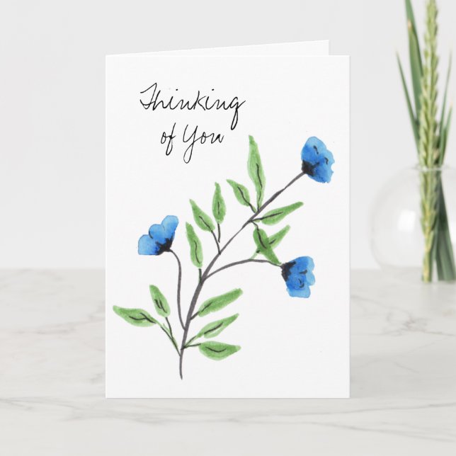 Watercolor Blue Floral Thinking of You Card (Front)